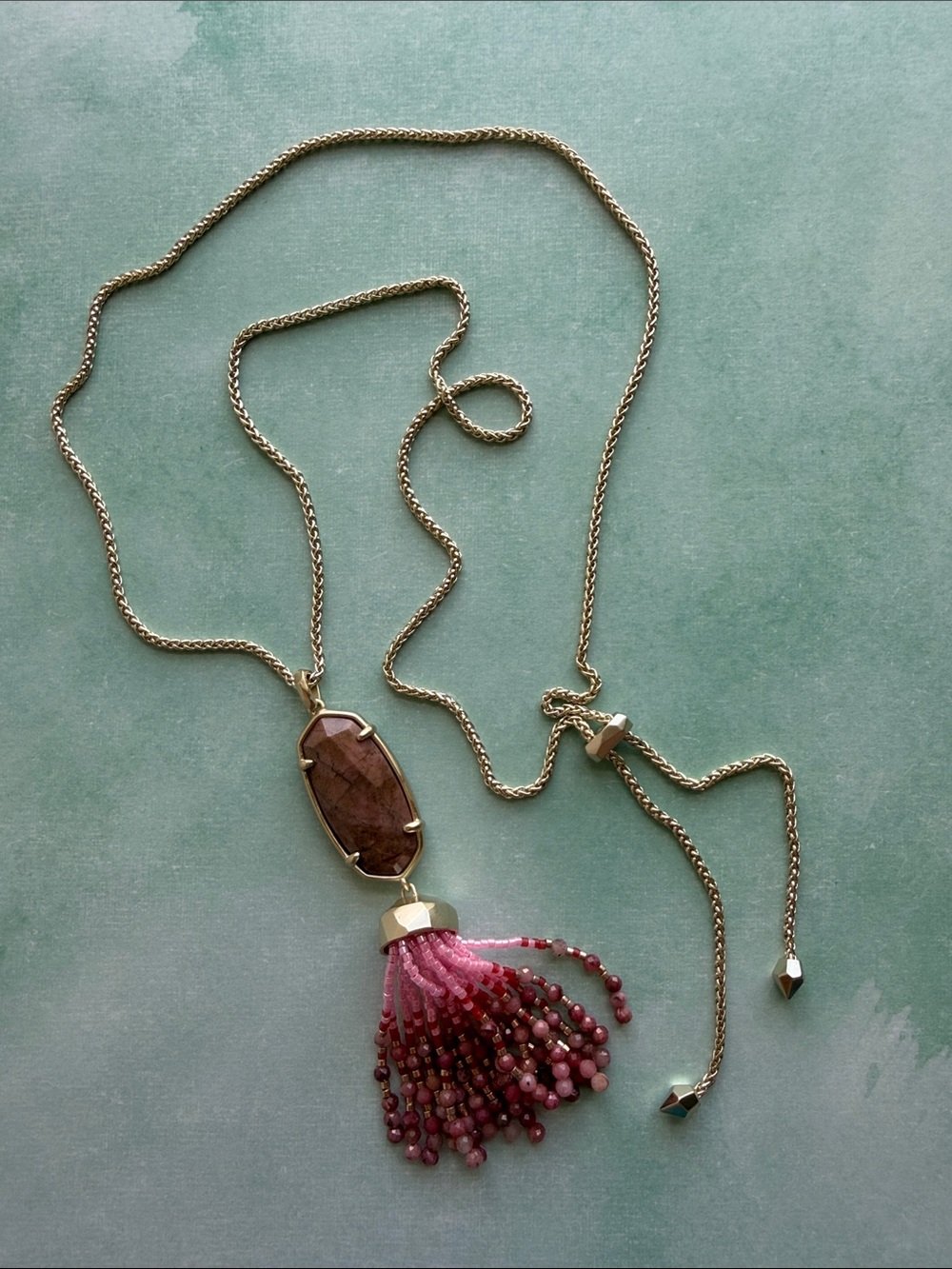 Kendra Scott Rayne Gold Necklace with Brown Stone and Pink Beaded Tassel